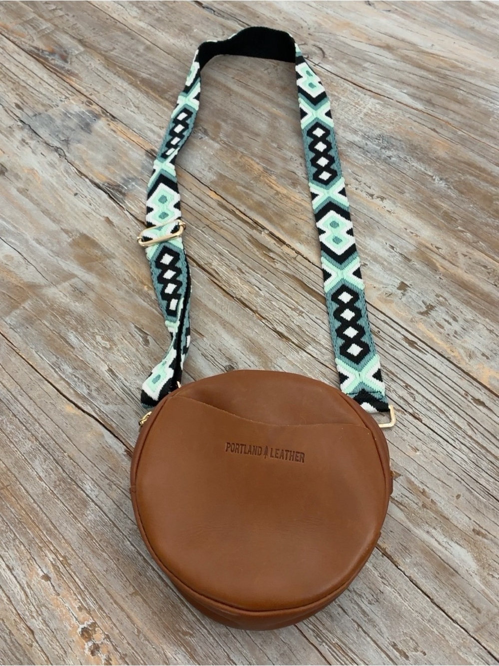 Portland Leather Brown Round Crossbody with Mint & Black Woven Strap